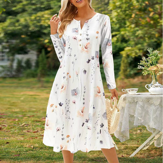 IvyShape | Printed V-Neck Button Long Sleeve Dress