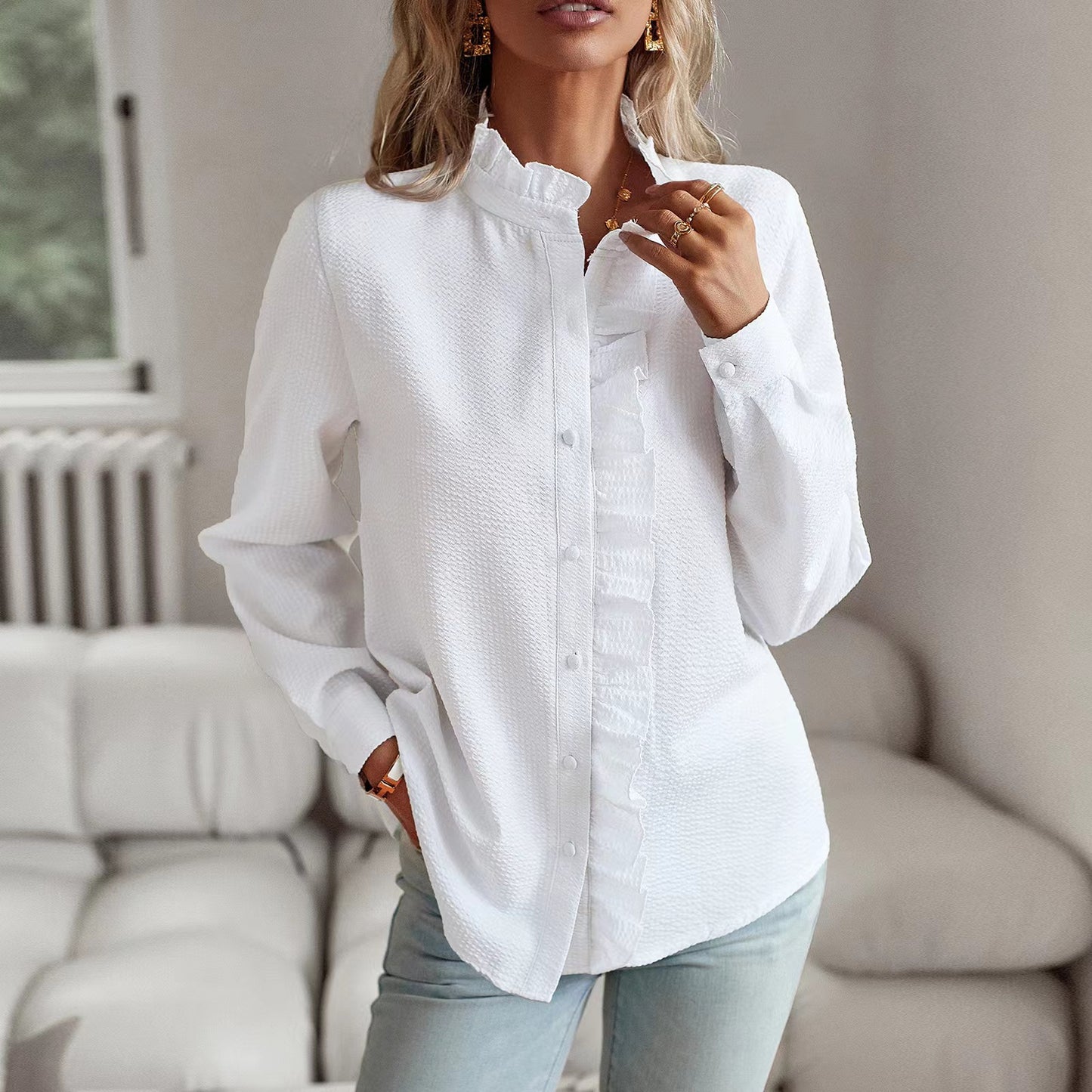 Women elegant shirt blouse with ruffle details and textured surface Ivyshape