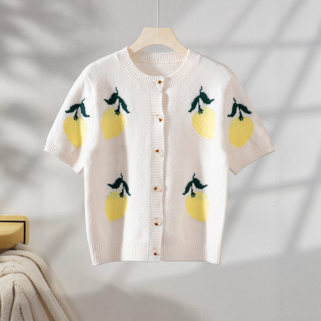 Ladies cardigan with cheerful lemon design and short cut Ivyshape