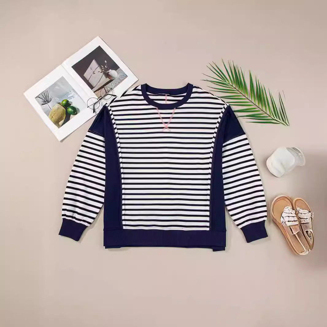 IvyShape | Striped Contrast Neck Sweatshirt Long Sleeve T-Shirt