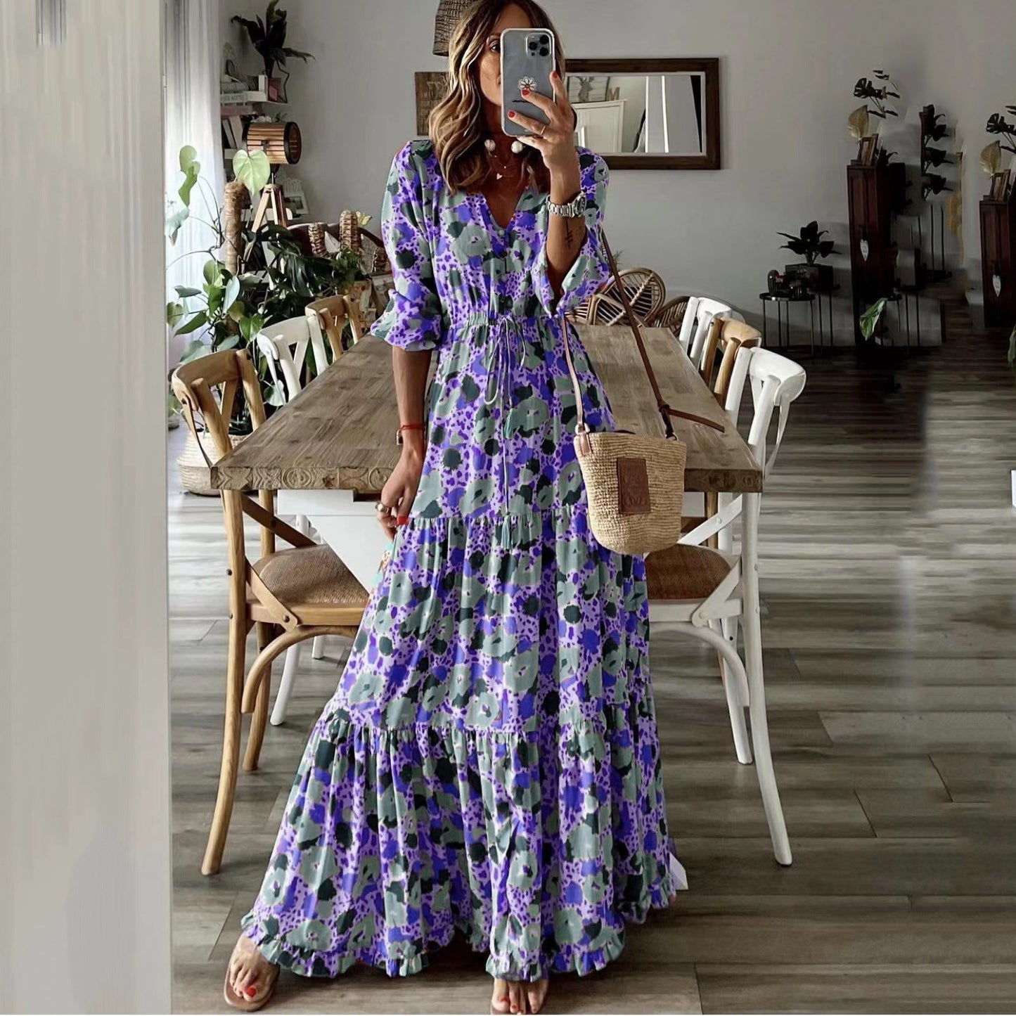 IvyShape | V-Neck Printed Large Hem Long Dress