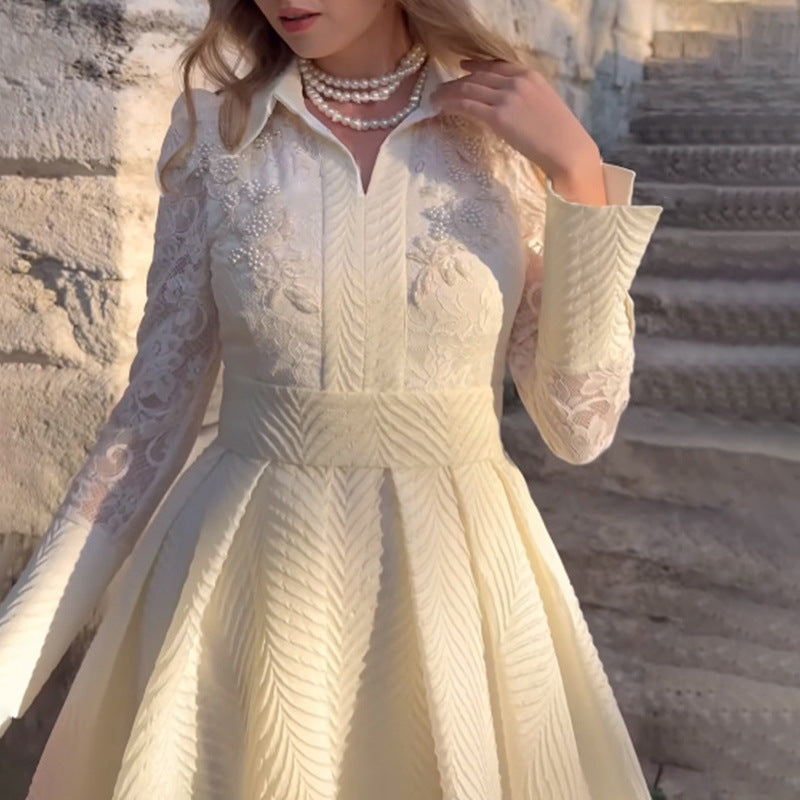 IvyShape | White Front Pearl Flower Lace French Vintage Long Sleeve Slim Fit Dress