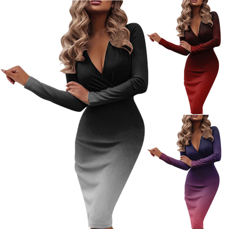 Women figure-hugging Cut-Out dress with deep V-neck and long sleeves Ivyshape