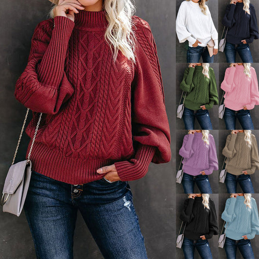 Ladies fashionable knitted sweater with high collar and voluminous sleeves Ivyshape