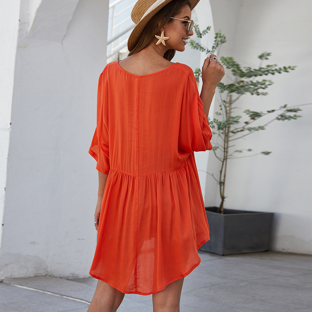 Women's casual kaftan dress with V-neck and 3/4 sleeves Ivyshape