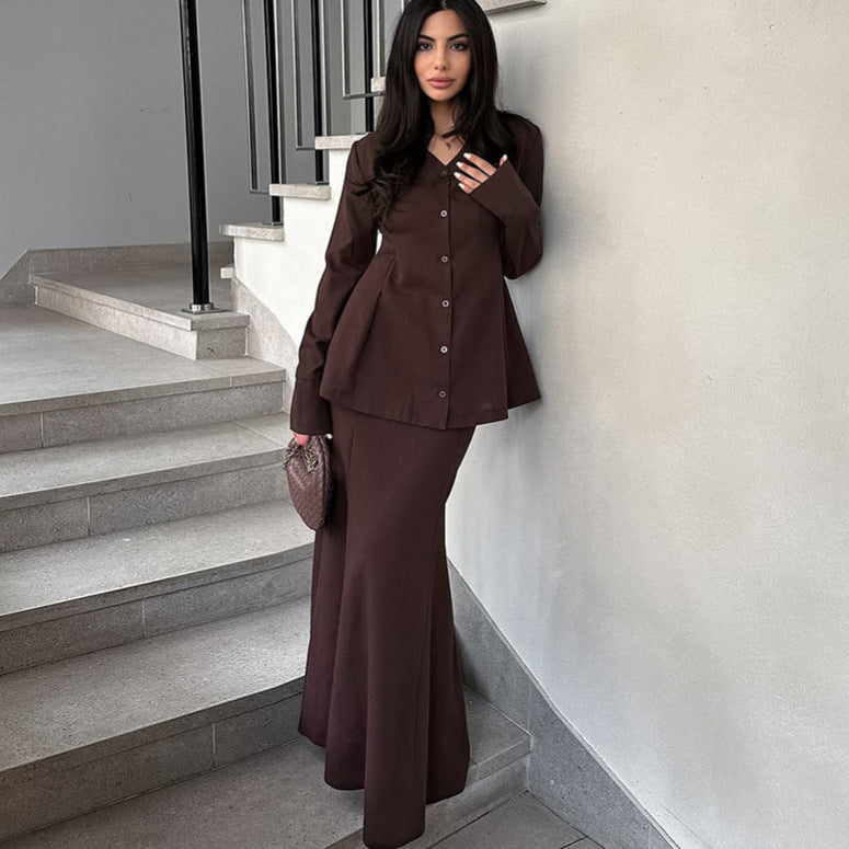 Women Elegant Two-Piece Suit Set with Swing Top and Floor-Length Skirt Ivyshape