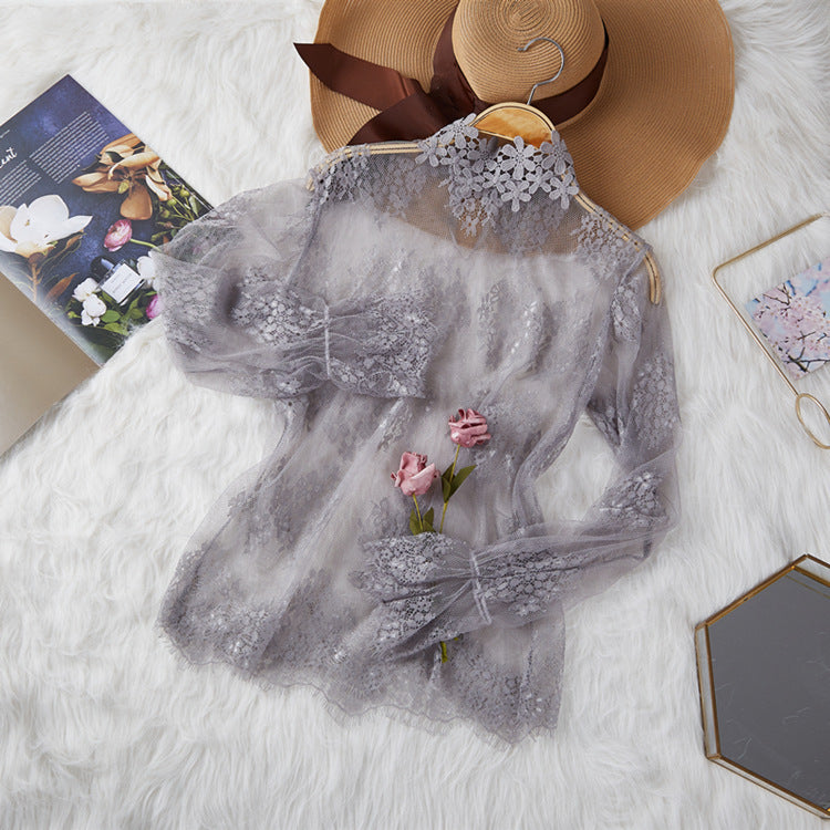 Women Elegant Transparent Blouse with Lace Appliqués Ivyshape
