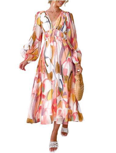 Ivyshape | Women’s Printed V-Neck Long Sleeve Summer Maxi Dress