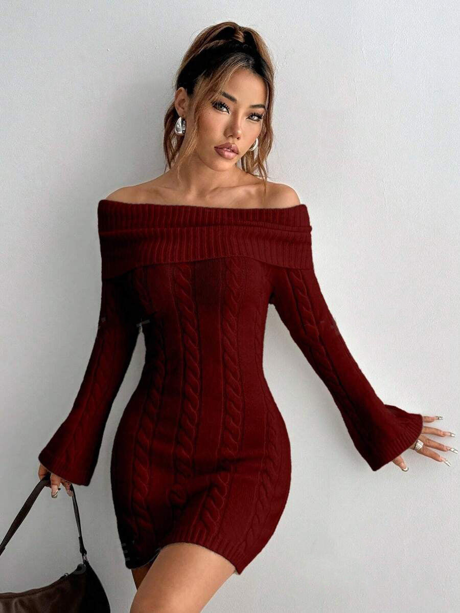 Women figure-hugging knitted dress with wide neckline Ivyshape