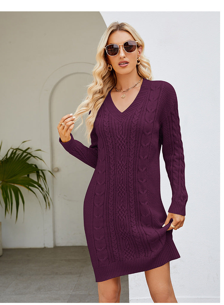 IvyShape | Solid Color V-Neck Twist Knitted Dress