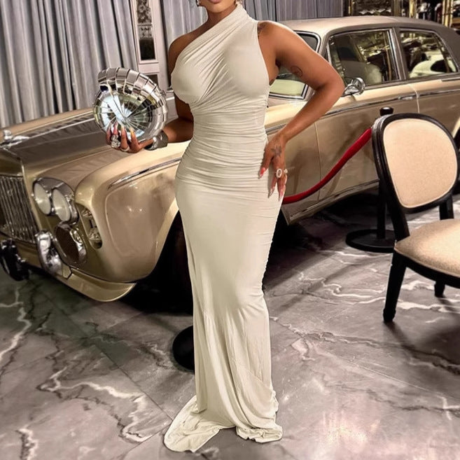 Women Elegant Wrap Maxi Dress with Asymmetric Neckline and Luxurious Cut Ivyshape