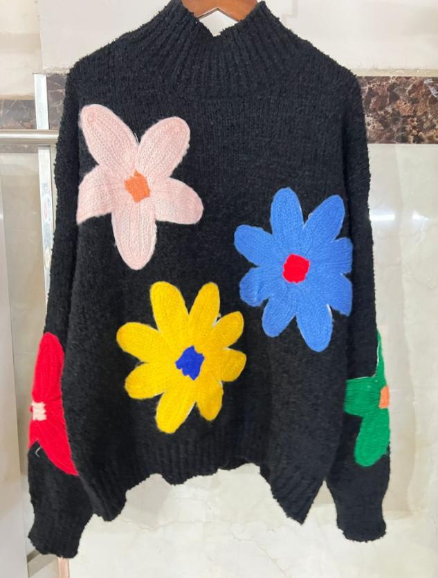 IvyShape | Vibrant Flower Embroidered Knit Pullover Sweater