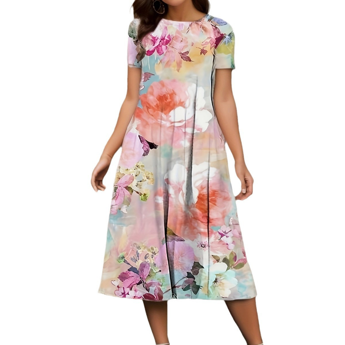 IvyShape | Floral Print Spring Summer Short Sleeve Dress