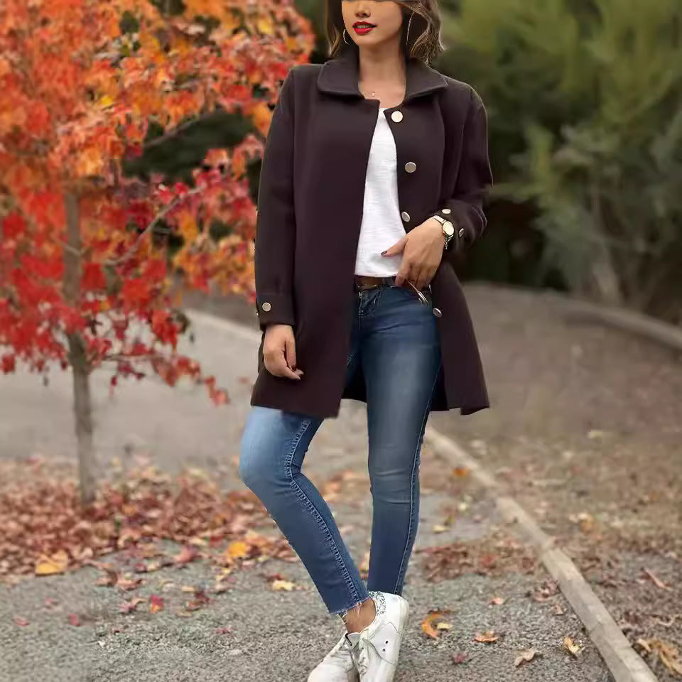 Ladies Stylish Wool Jacket with Practical Pockets and Button Details Ivyshape