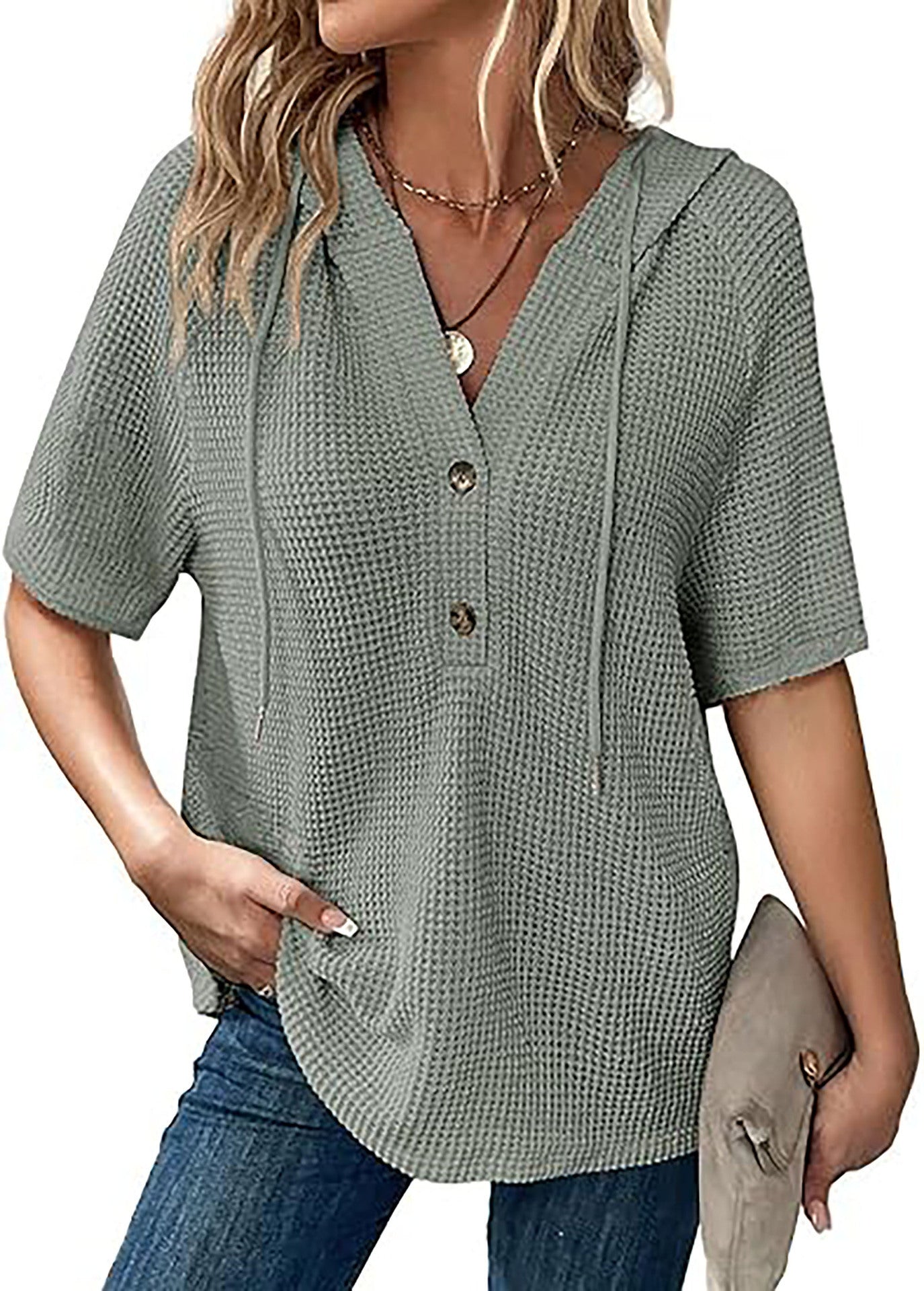 Women's Hooded Shirt in Waffle Pattern Ivyshape