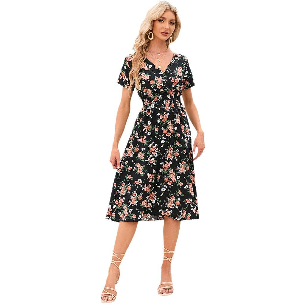 Ladies mid dress with wrap look and floral design Ivyshape