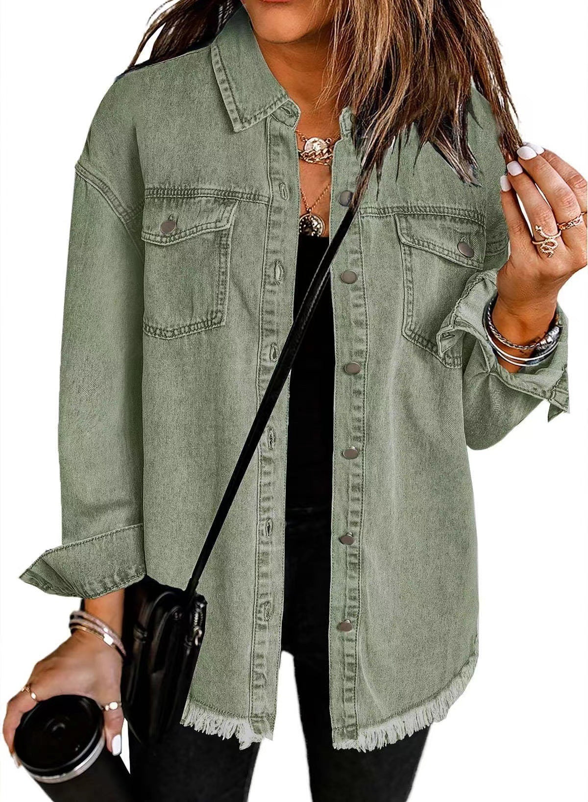 Women's Casual Denim Shirt with Frayed Hem and Practical Chest Pockets Ivyshape
