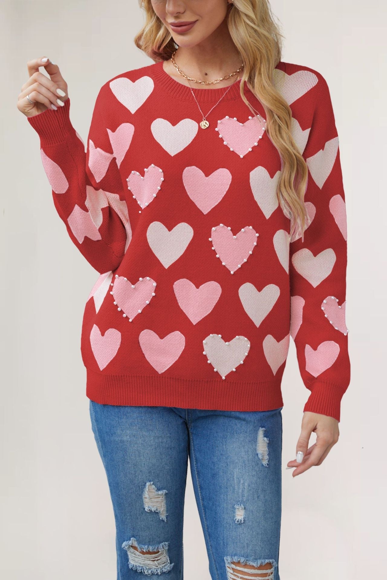 IvyShape | Valentine's Day Heart Beads Sweater