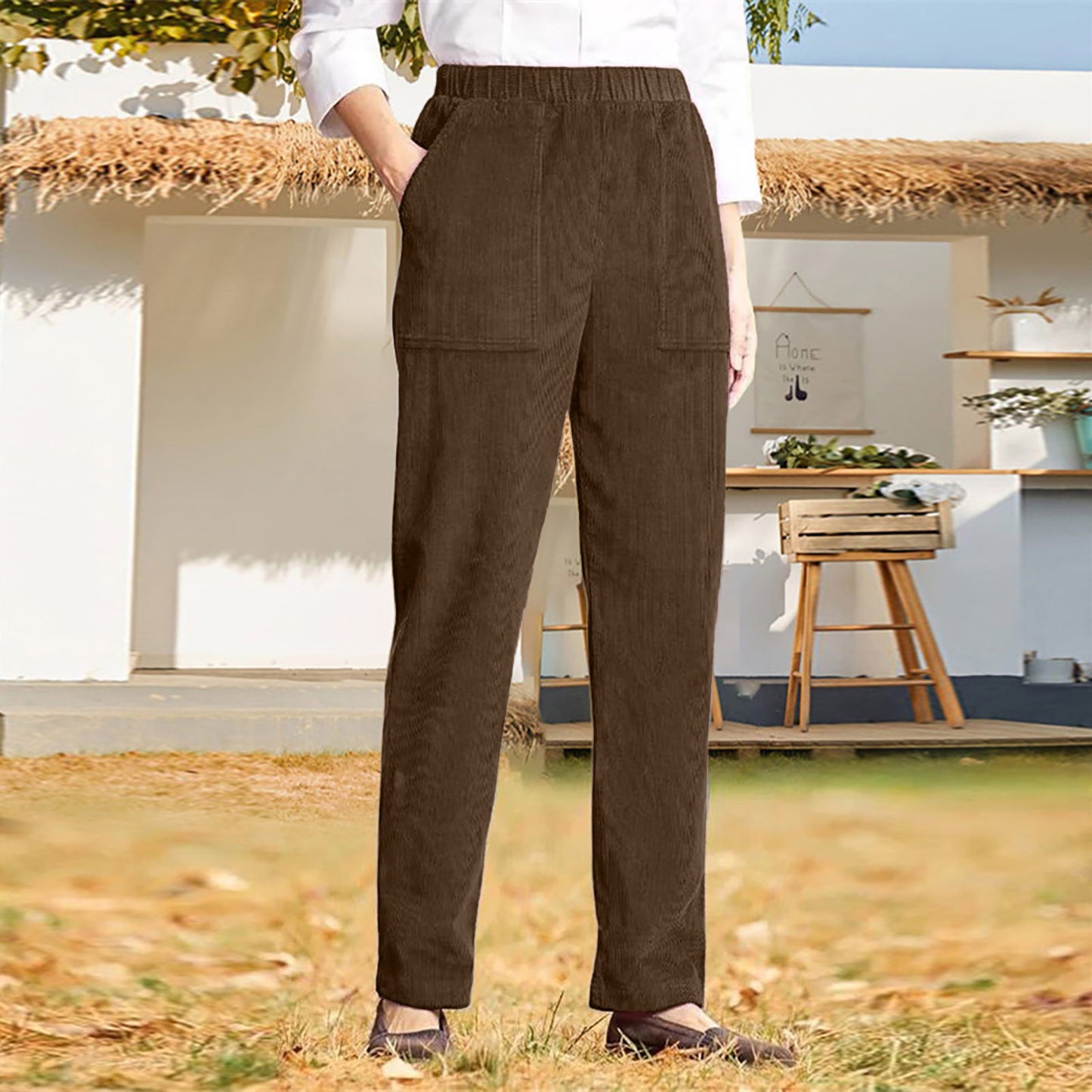 Women's corduroy pants with elastic waistband and practical pockets Ivyshape