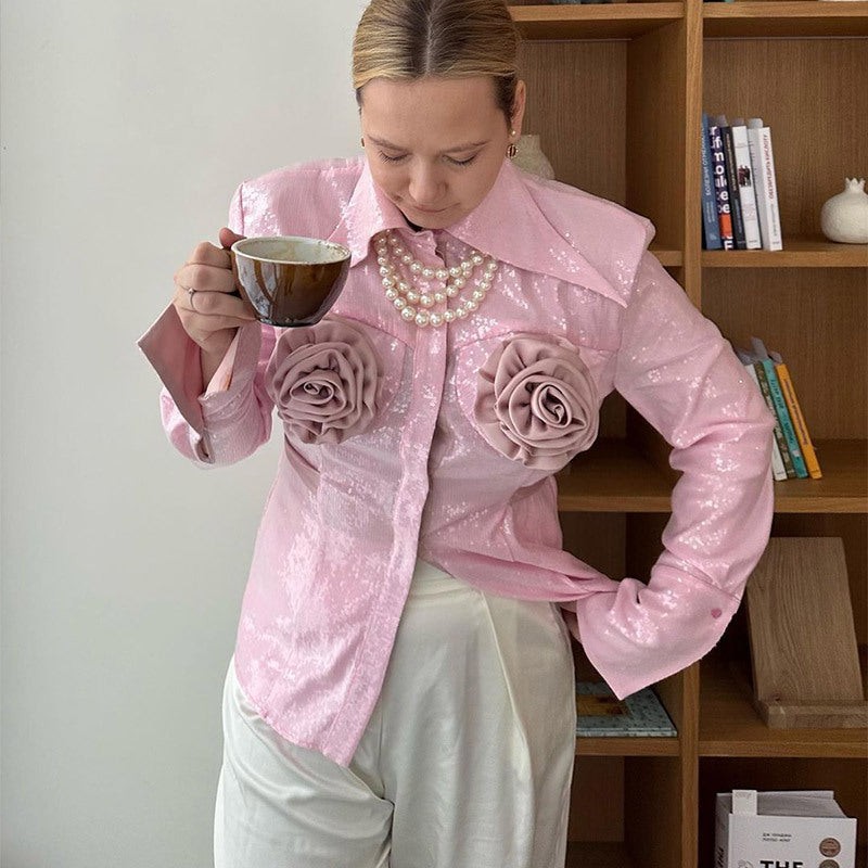 Women Glamorous Blouse with 3D Rose Applications and Glitter Ivyshape