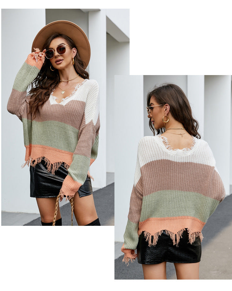 IvyShape | V-neck fringe sweater