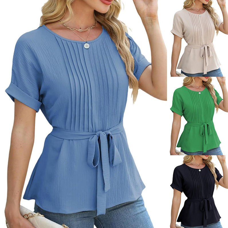 Ladies elegant shirt with pleated details and fitted belt Ivyshape