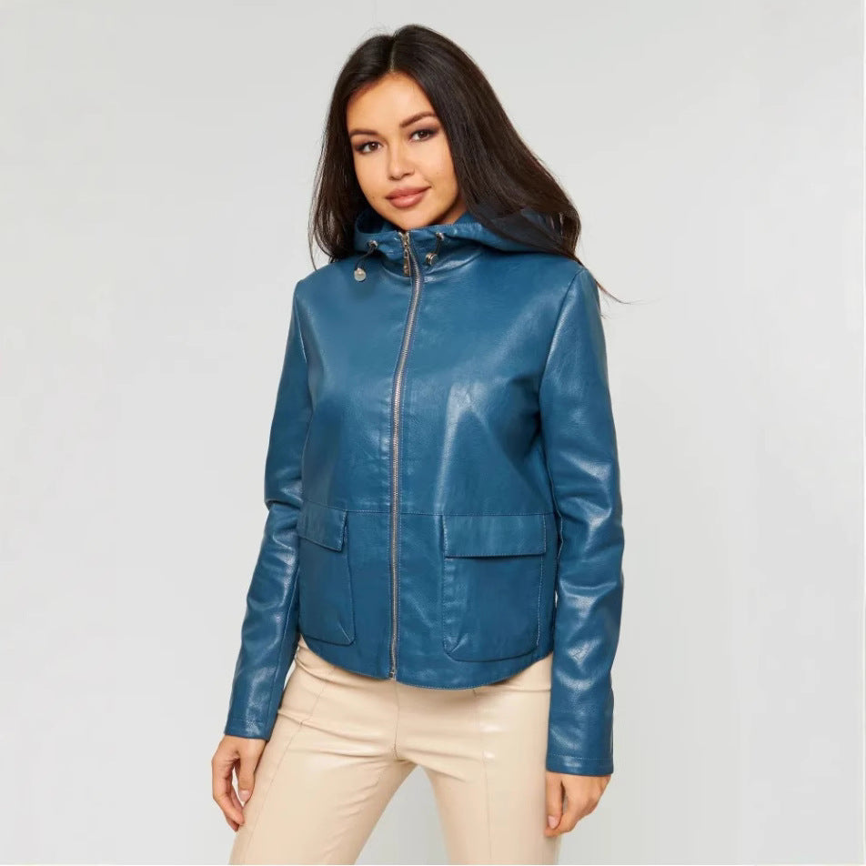 Women Faux Leather Jacket with Attached Hoodie and Practical Pockets Ivyshape