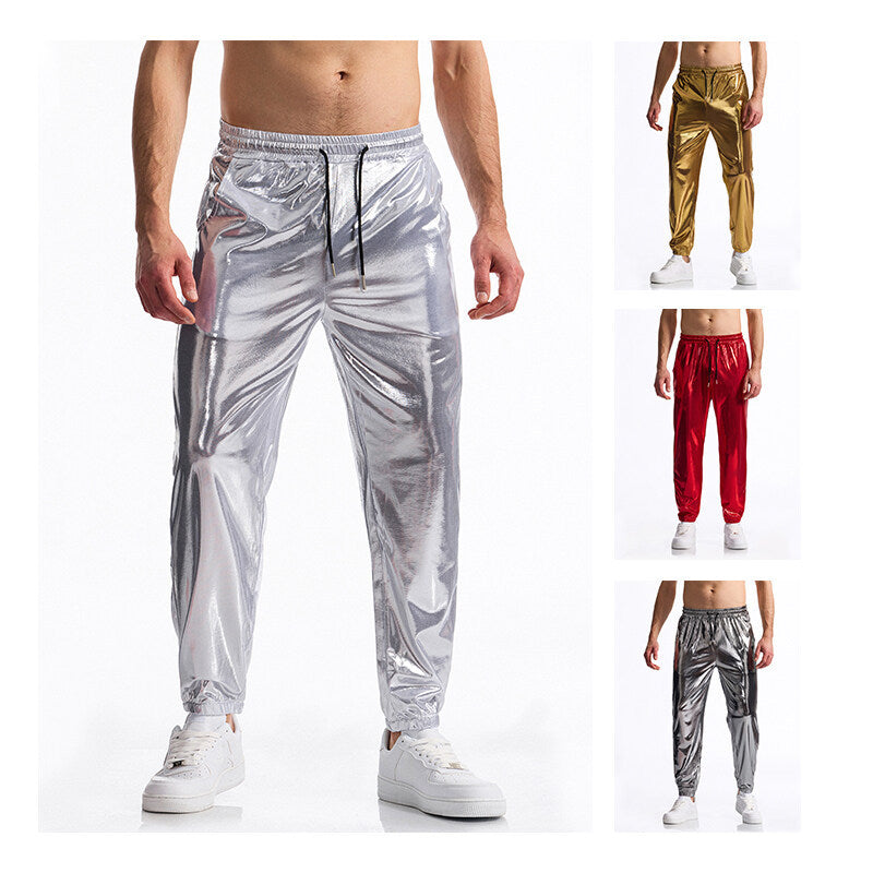 Men's fashionable sports pants with shiny surface and elastic waistband Ivyshape