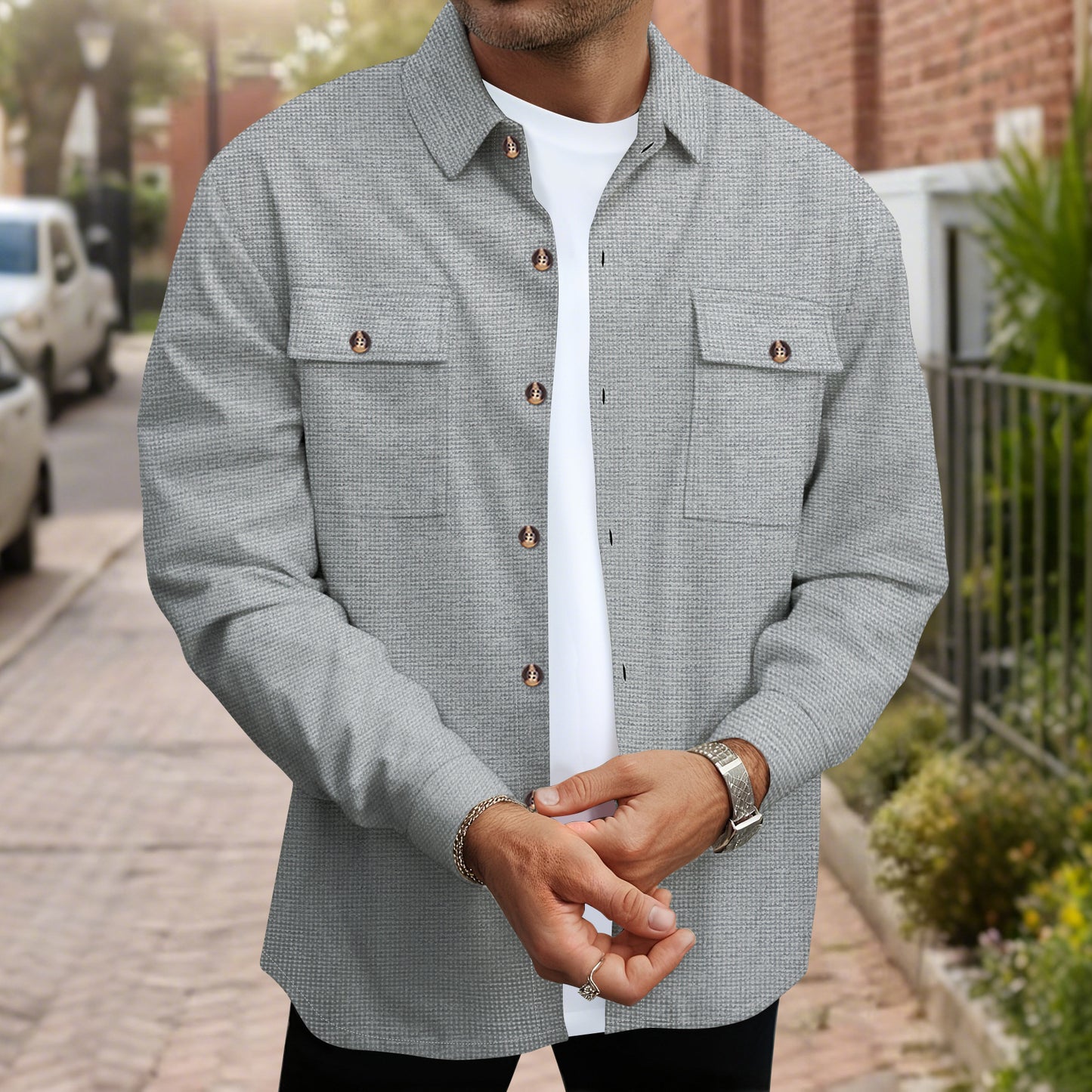 Men's fashionable shirt jacket with full button placket and chest pockets Ivyshape