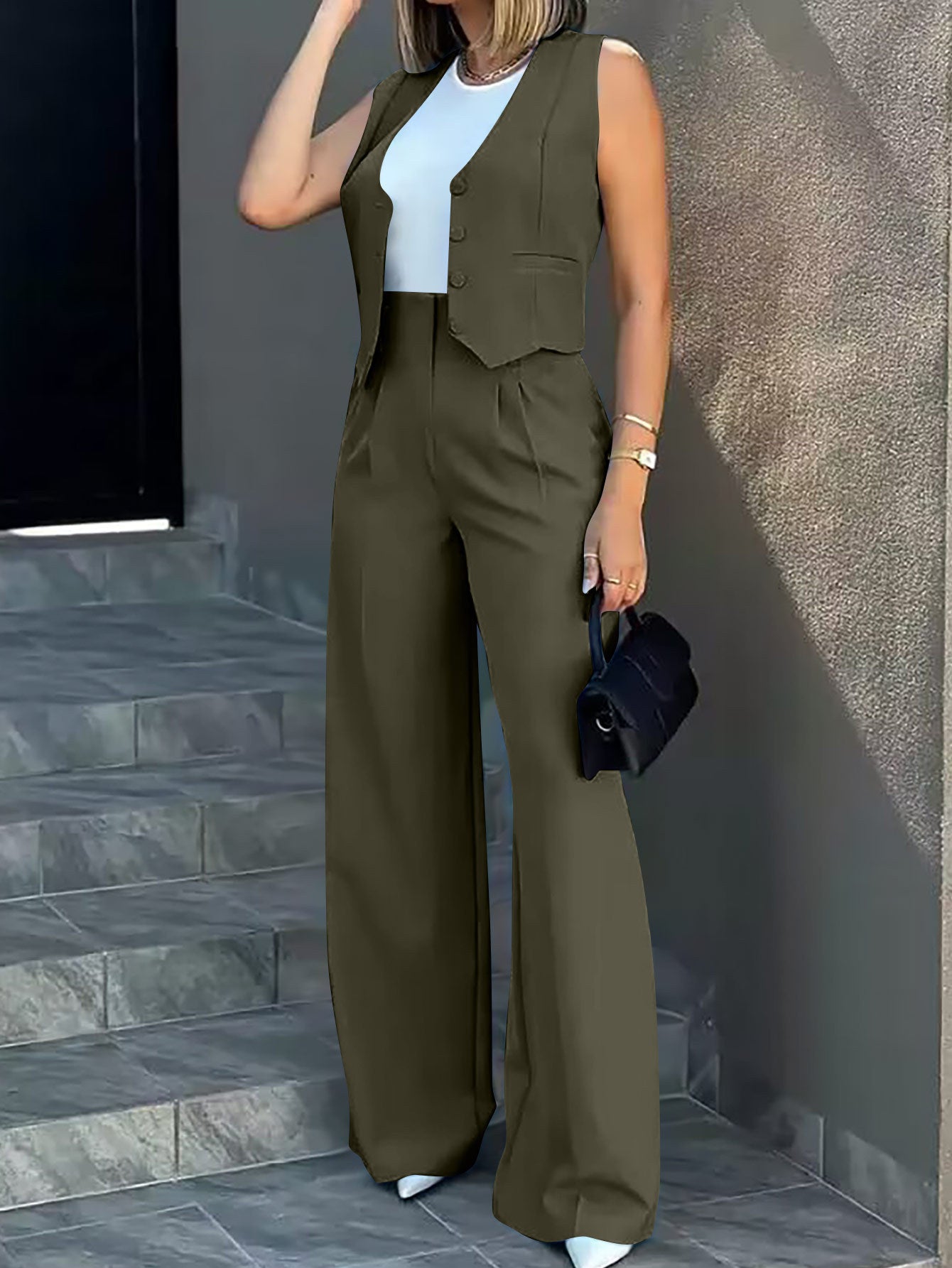 Women Elegant Two-Piece Set with Tailored Blazer and Wide Leg Pants Ivyshape