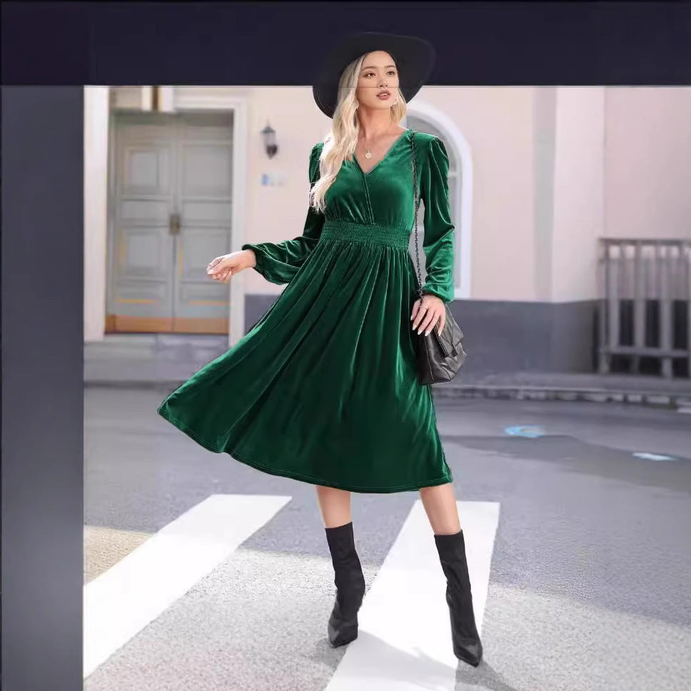 Women Elegant Velvet Maxi Dress with V-Neck and Slim Waist Ivyshape