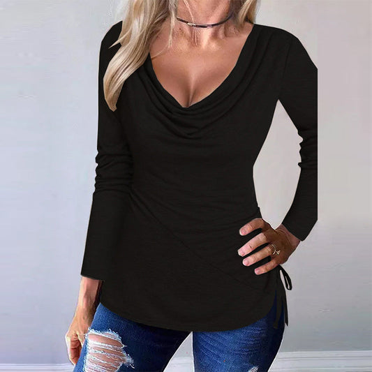 IvyShape | V-Neck Drawstring Long Sleeve Draped Solid Color T-Shirt