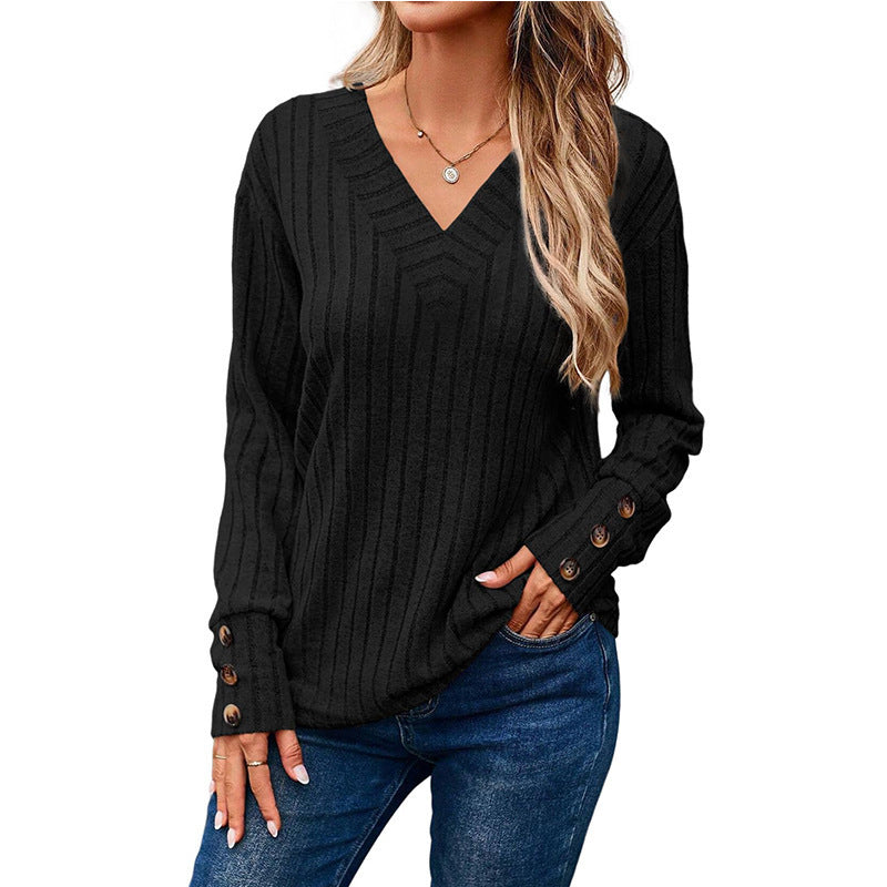 Women Elegant V-neck Knit Top with Button Details Ivyshape