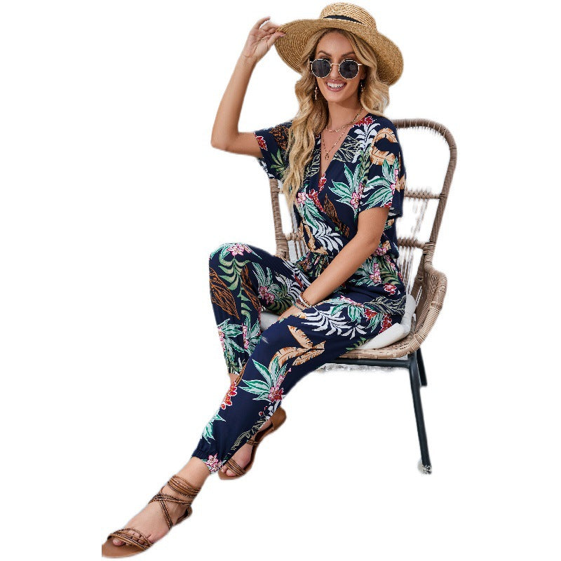 IvyShape | Belted Elastic Waist Printed Short Sleeve Jumpsuit