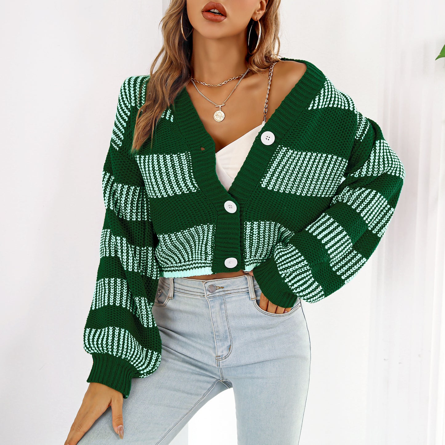 Ladies fashionable short sweater with a large V-neck and special stripe patterns Ivyshape