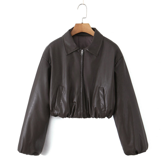Women Faux Leather Biker Jacket in Casual Cropped Design Ivyshape