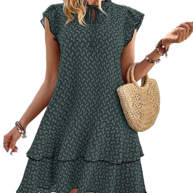 Women's Lightweight Boho Dress with Ruffle Details and High Neck Collar Ivyshape
