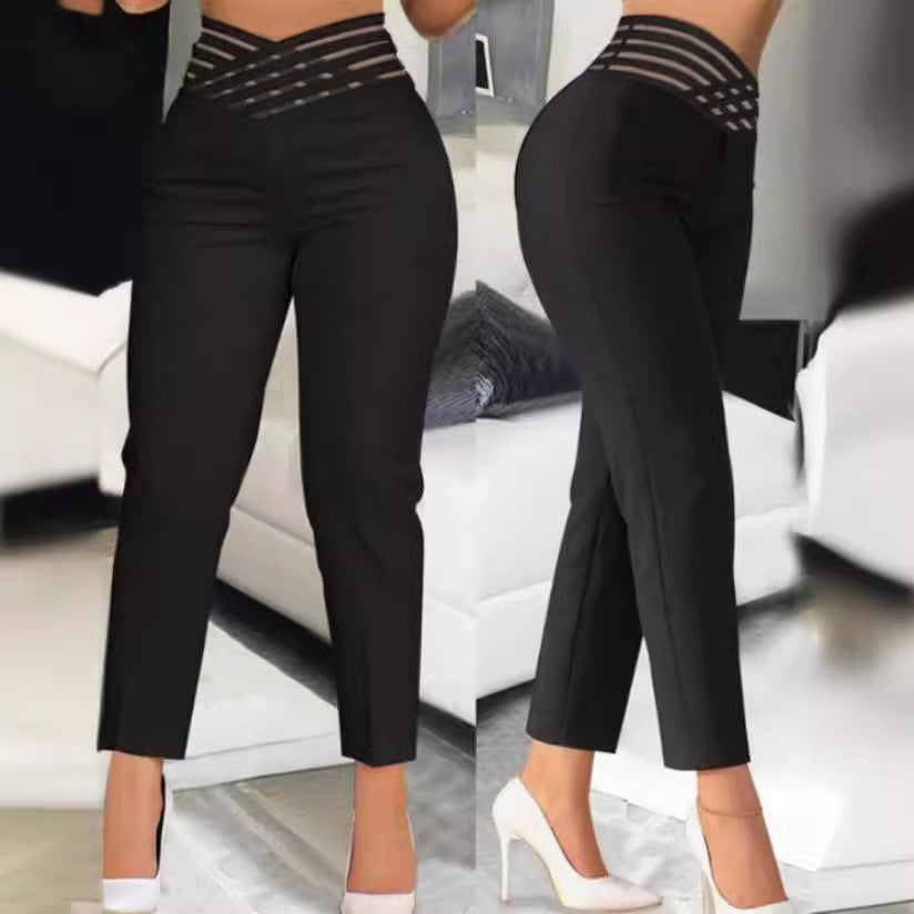 Women stylish high-waist pants with transparent grid waistband Ivyshape