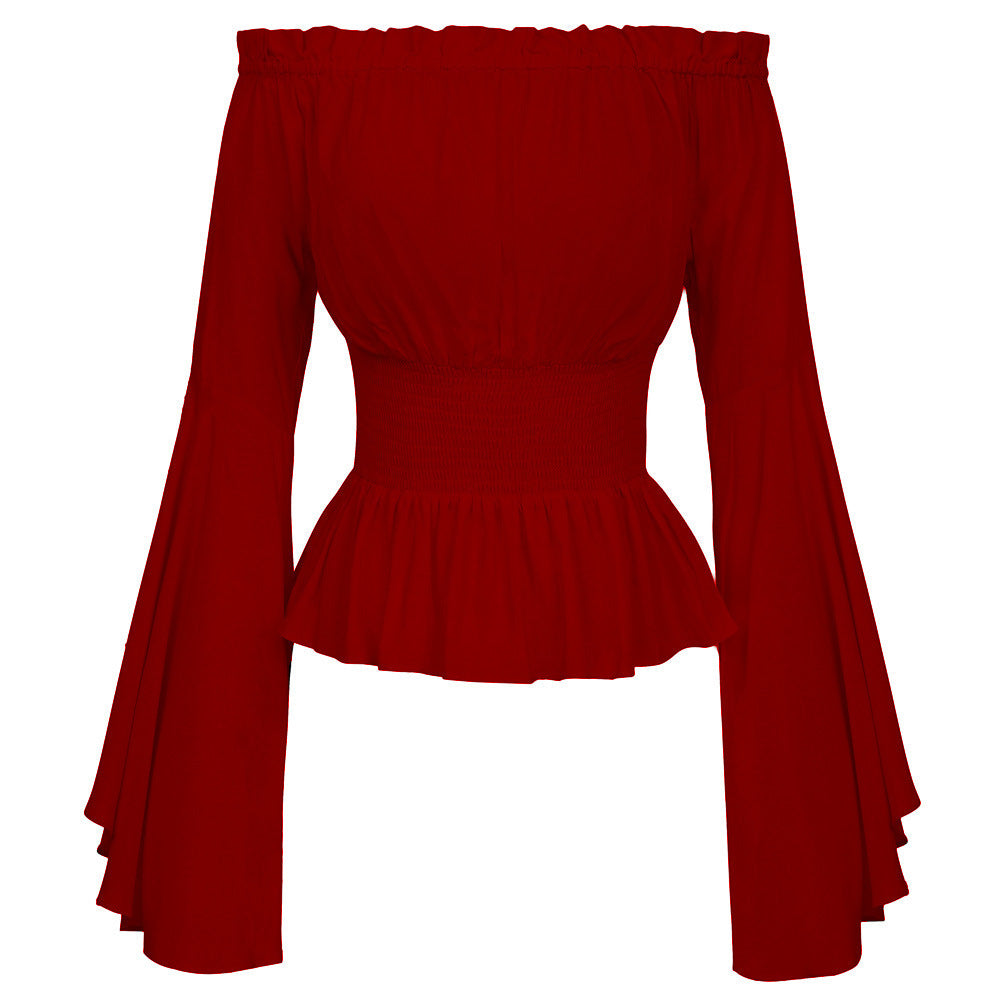 Women Off-Shoulder Top with Elegant Bell Sleeves and Elastic Waist Ivyshape