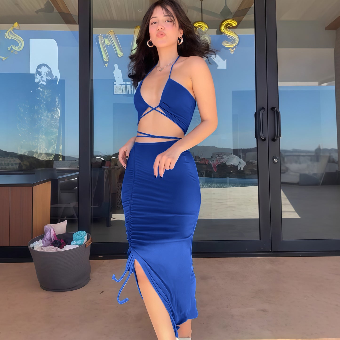 Women Elegant Maxi Dress with sophisticated gathering element and sexy back cutout Ivyshape