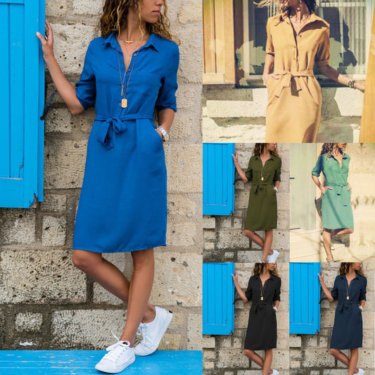 IvyShape | Belted Lapelled Three-Quarter Sleeve Shirt Dress