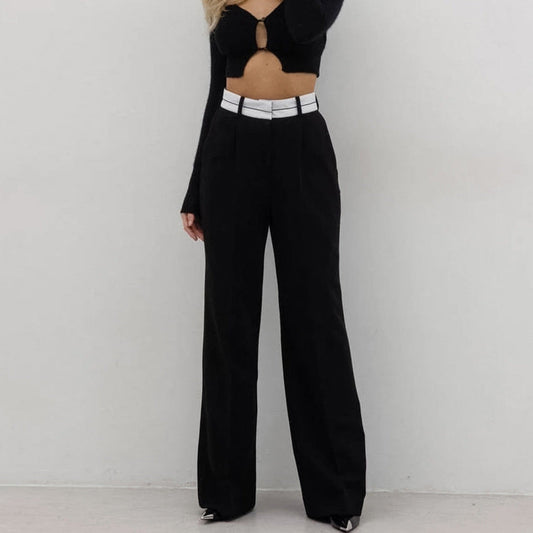 Ivyshape | Simple Contrast Color Wide-Leg Pants