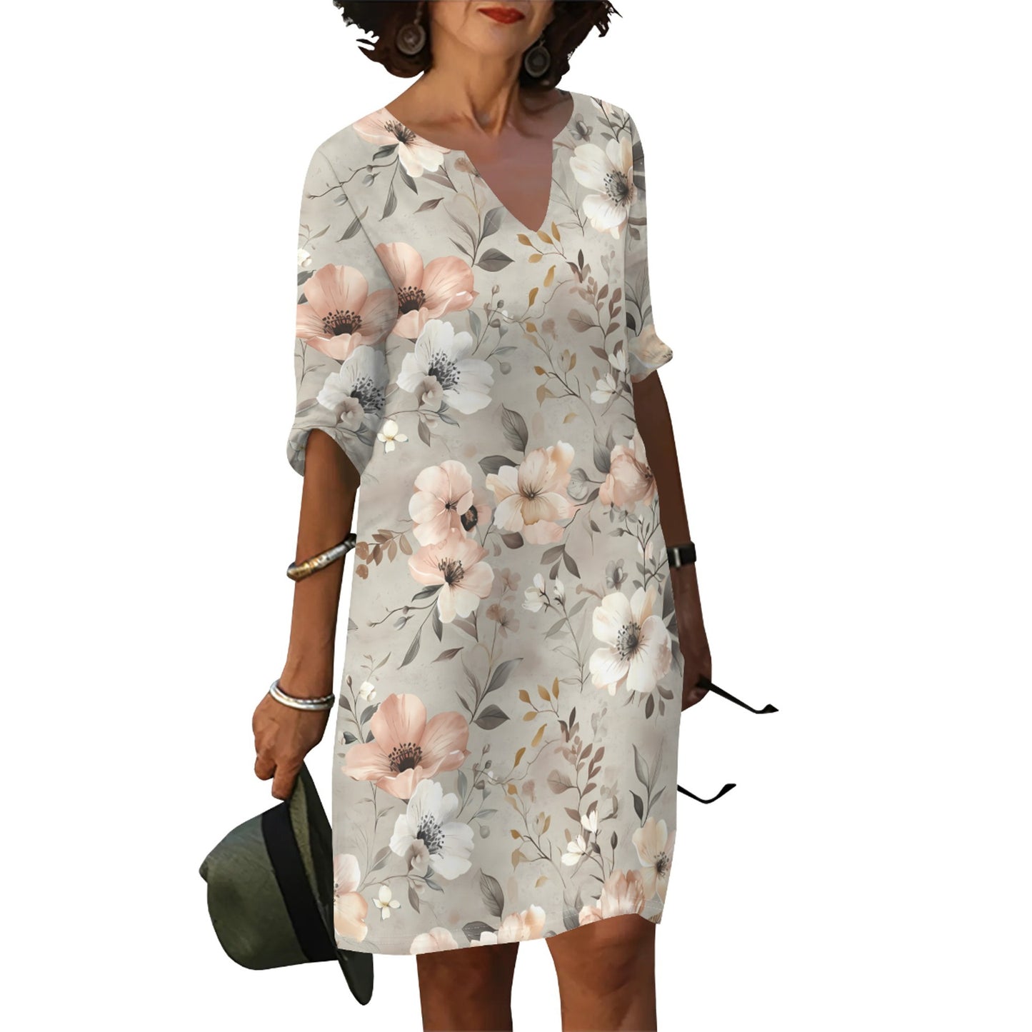 Ladies summer floral dress with V-neck and loose fit Ivyshape