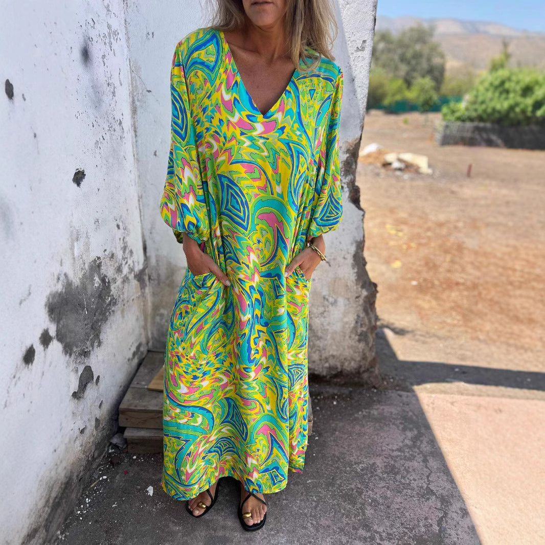 Women Long Sleeve Dress with V-Neck and Practical Pockets Ivyshape