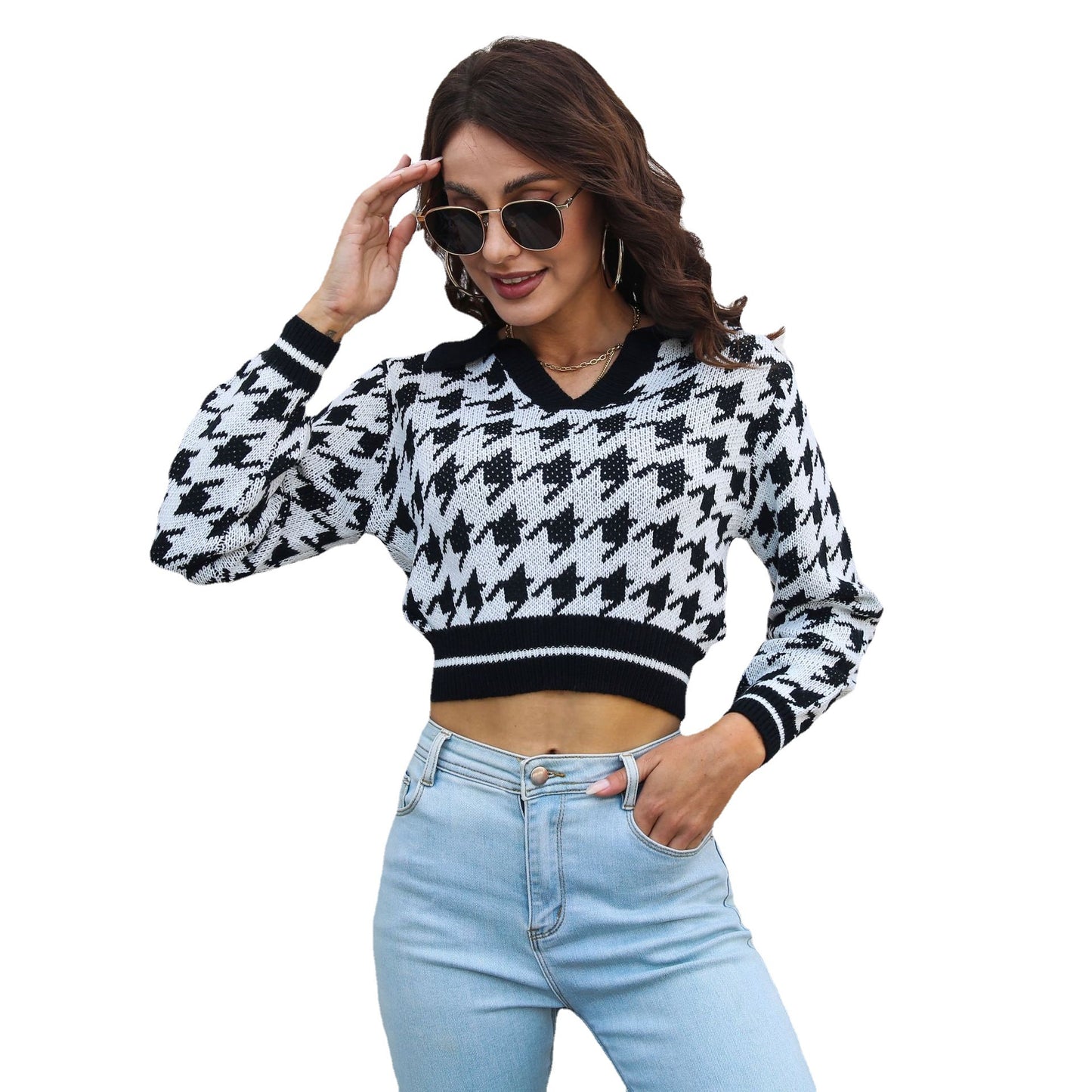 Women's Cropped Sweater with Classic Houndstooth Pattern and Polo Collar Ivyshape