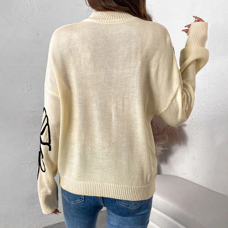 Ladies knitted sweater with floral design and high collar Ivyshape