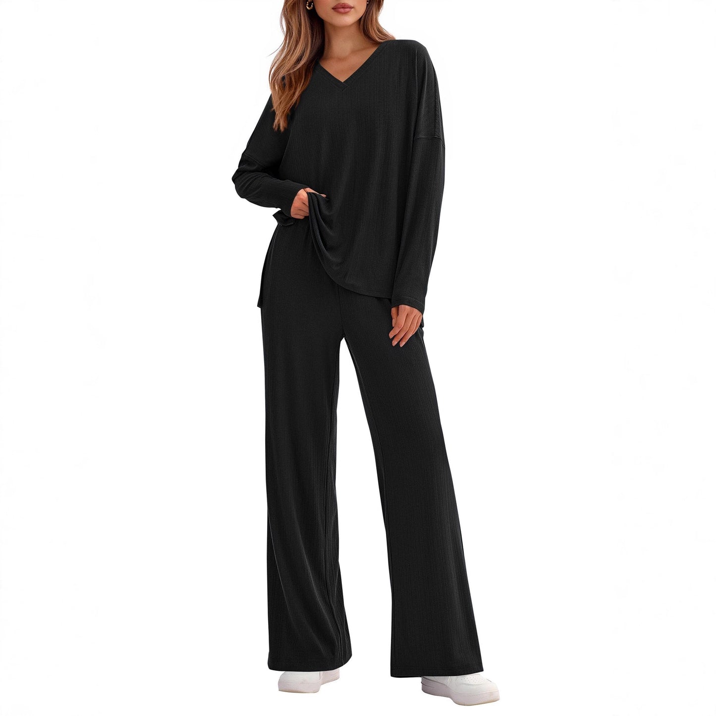 Women's two-piece suits casual fashion loose long-sleeved tops wide-leg pants Ivyshape