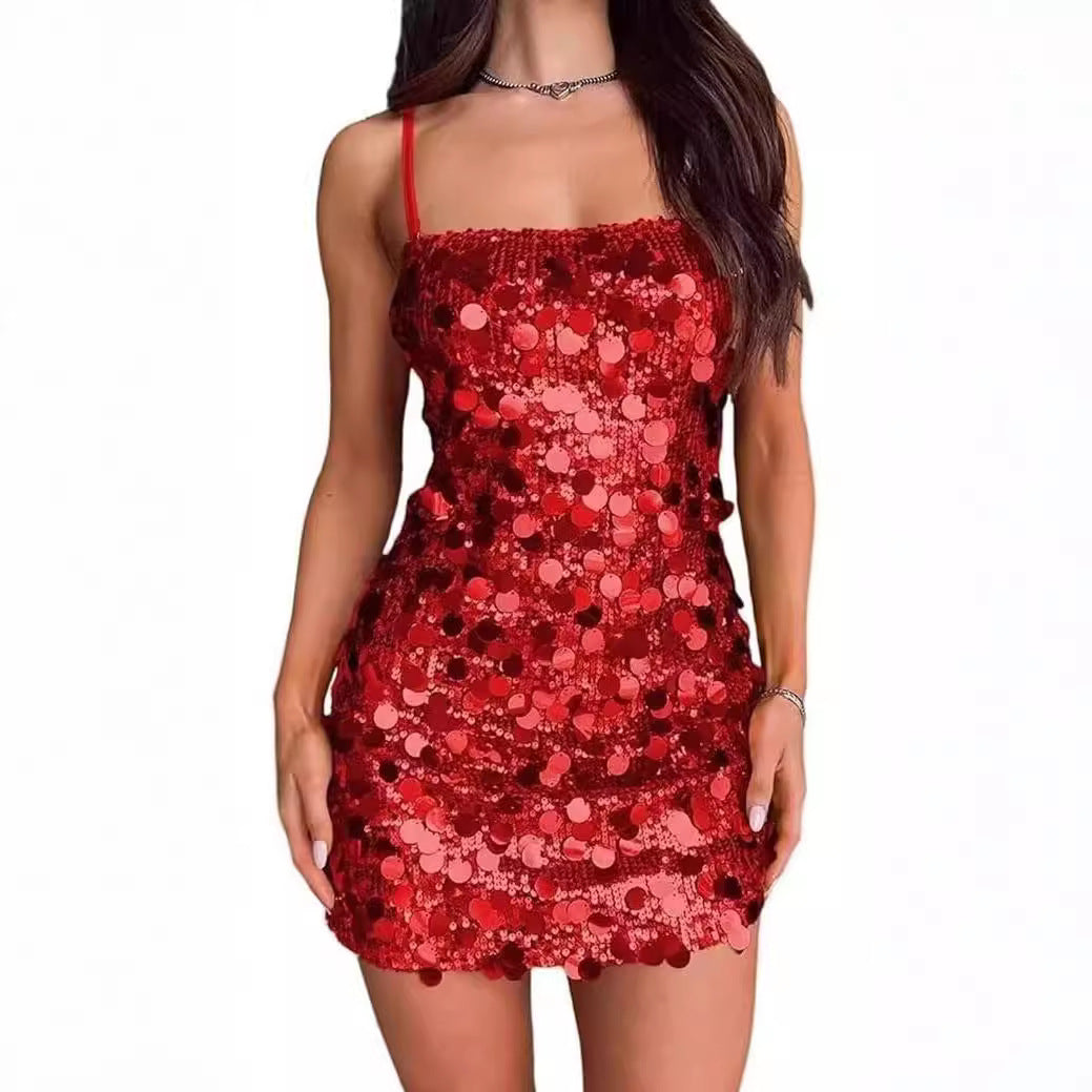 Women Glamorous Sequin Dress with Slim Straps and Figure-Hugging Cut Ivyshape