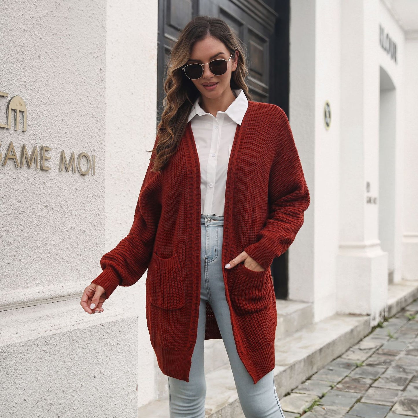 Women's Casual Cardigan with Deep V-neck and Practical Pockets Ivyshape