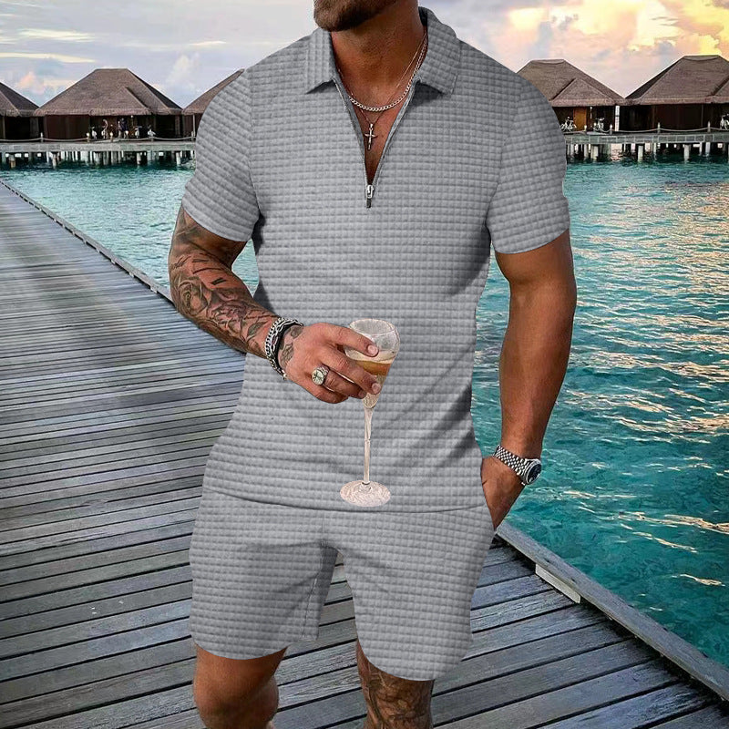 Men's fashionable short sleeve set with narrow collar and practical zipper Ivyshape